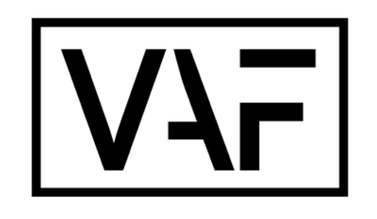 Logo Vlaams audiovisueel fonds: typografisch weergegeven letter V,A,F (in het zwart met een zwart kader rond)