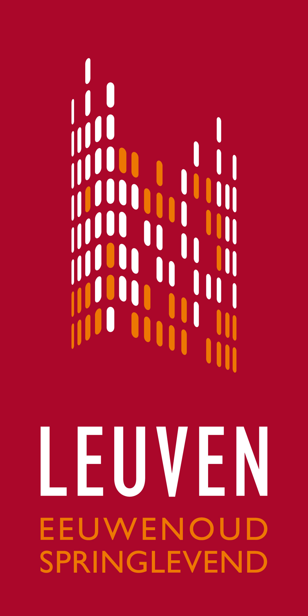 Logo van de stad Leuven. In minuscule rechthoekjes werd het stadhuis van Leuven nagebootst. Daaronder staat de tekst Leuven: eeuwenoud, springlevend